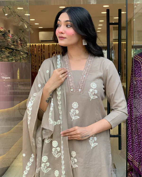 Elegant Taupe Floral Embroidered Cotton Suit Set