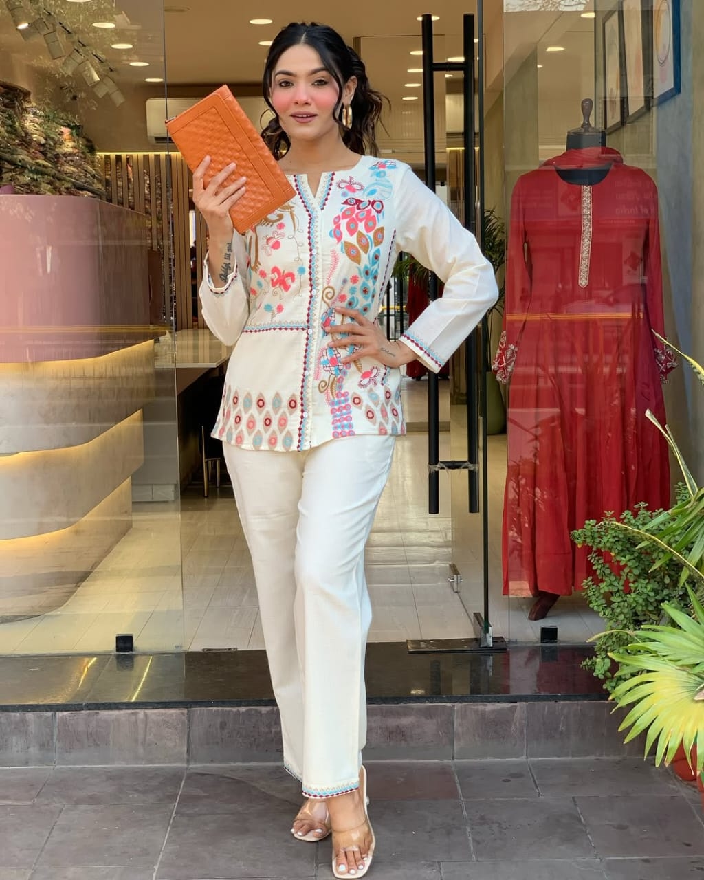 Libas Kurta Unique Floral Embroidered Cotton White Co-Ord Set For Women