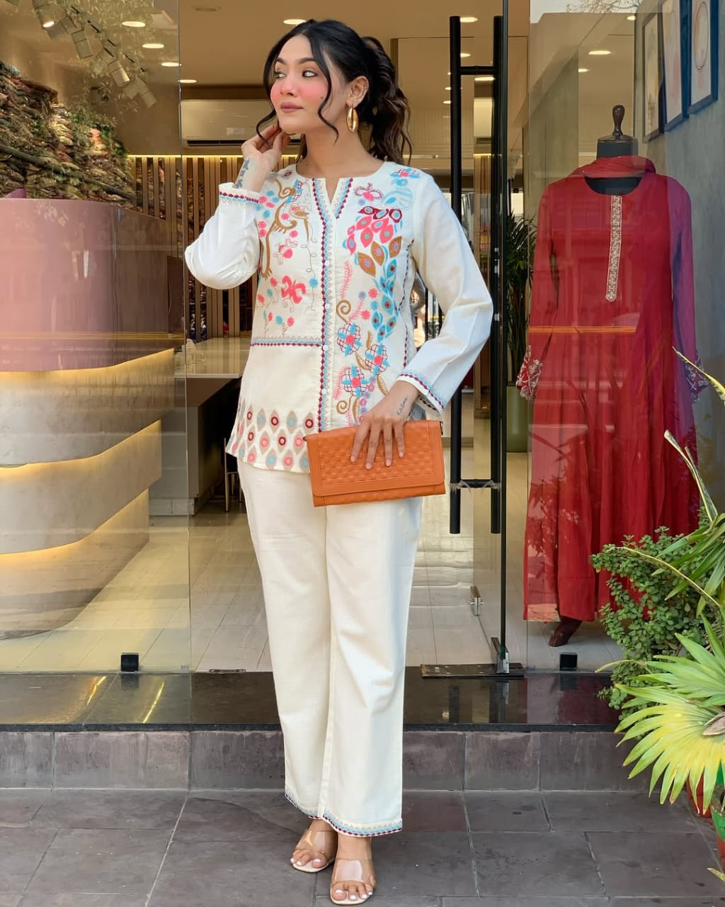 Libas Kurta Unique Floral Embroidered Cotton White Co-Ord Set For Women