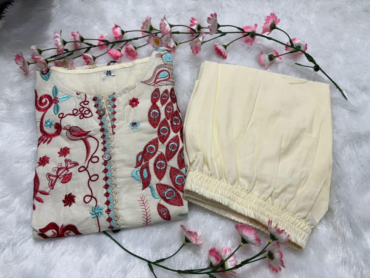 Libas Kurta Unique Floral Embroidered Cotton White Co-Ord Set For Women