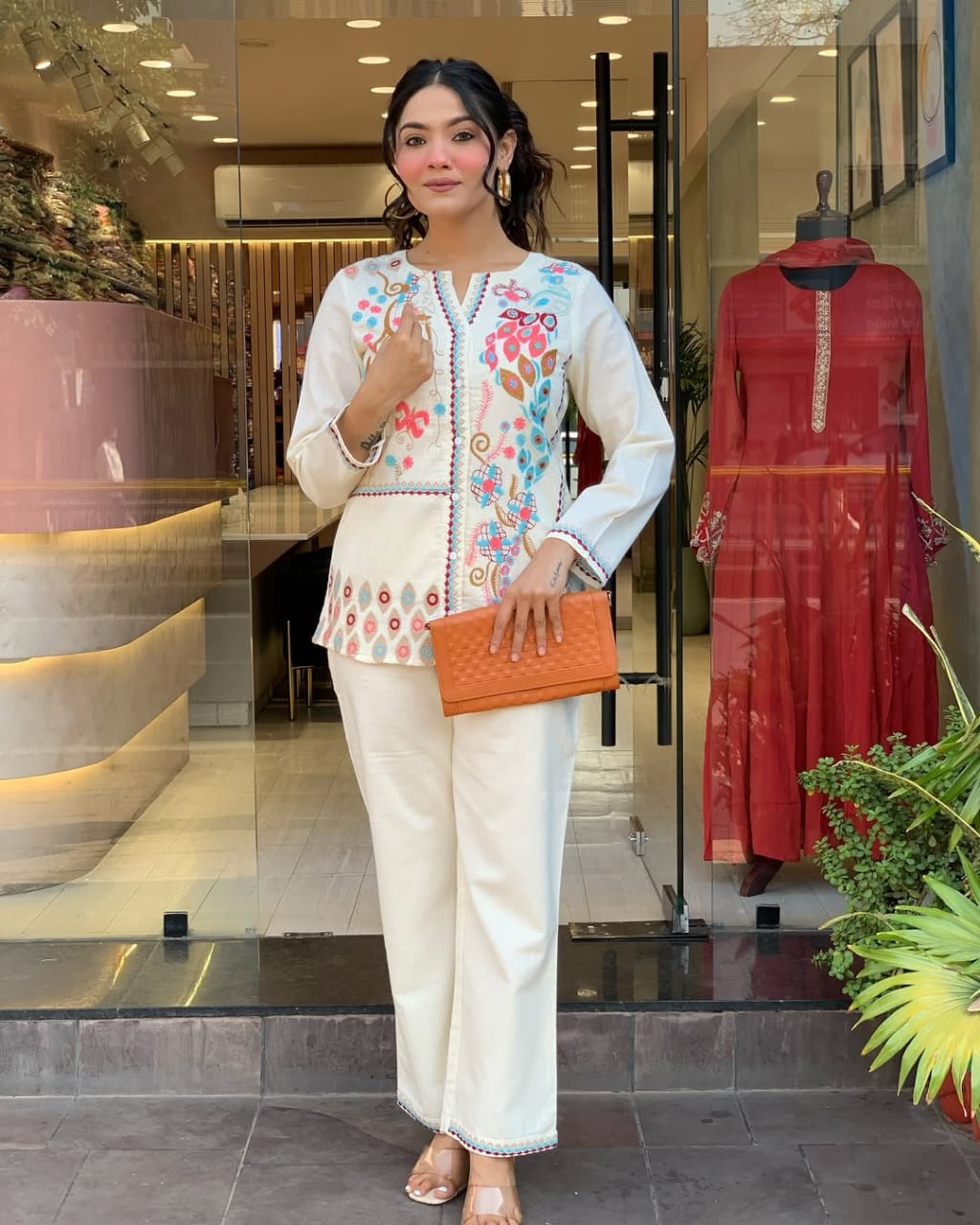 Libas Kurta Unique Floral Embroidered Cotton White Co-Ord Set For Women