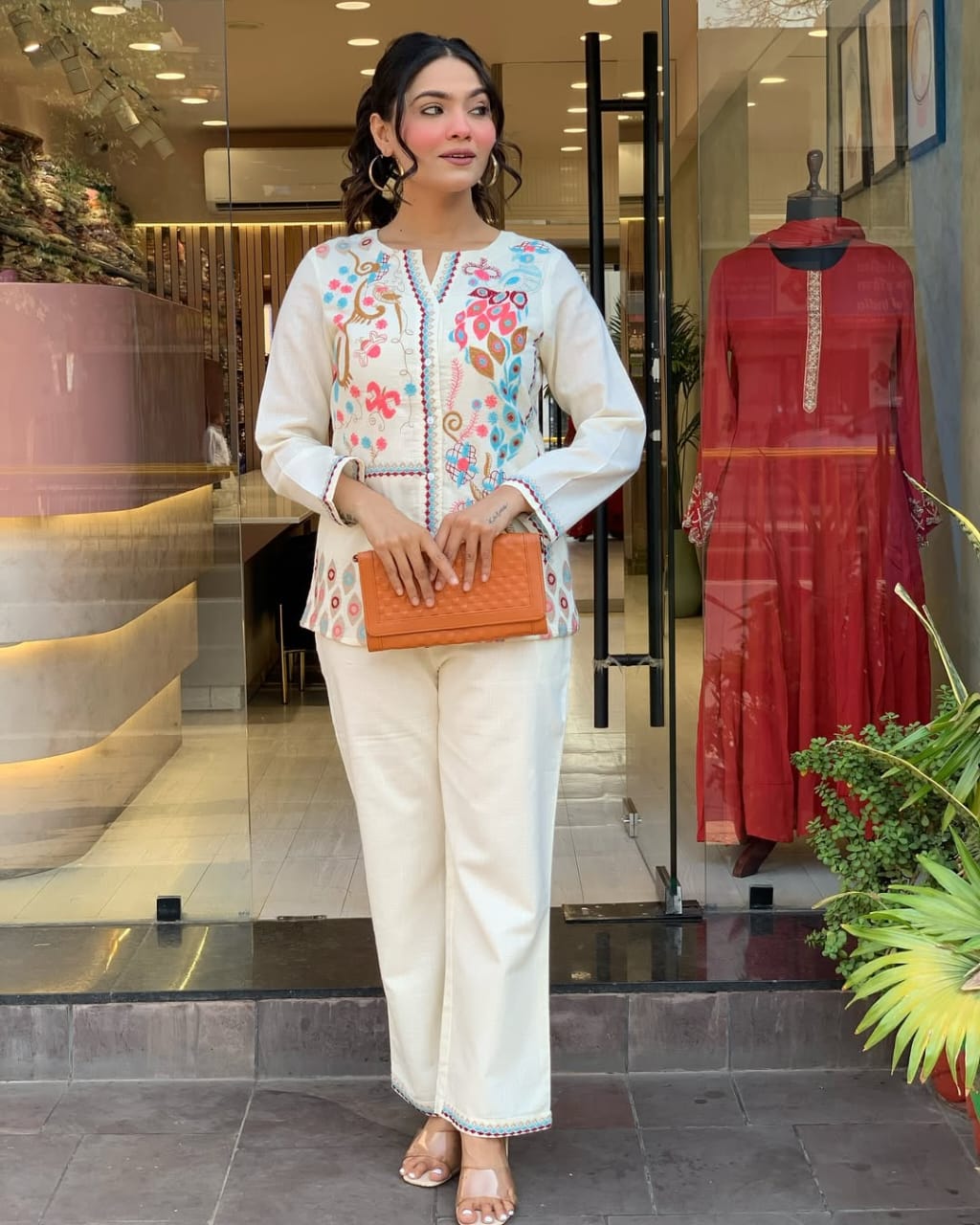 Libas Kurta Unique Floral Embroidered Cotton White Co-Ord Set For Women