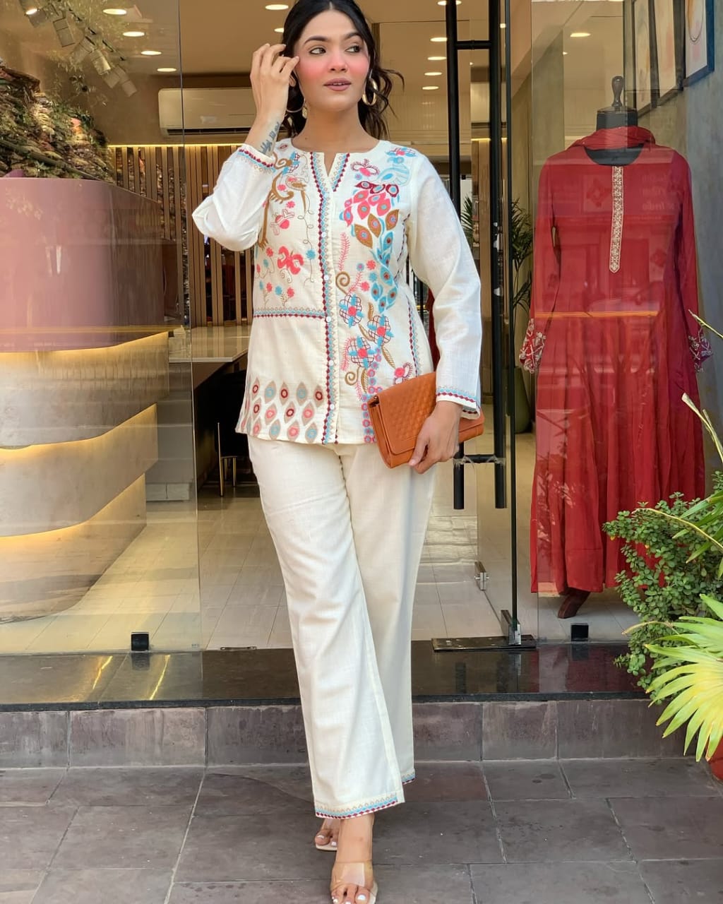 Libas Kurta Unique Floral Embroidered Cotton White Co-Ord Set For Women