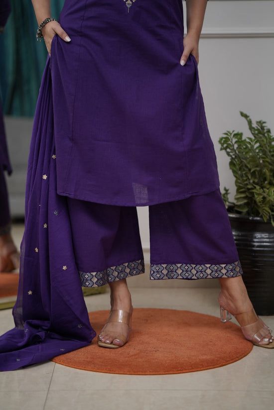 Aline Kurta Set With Cotton Plazzo & Malmal Dupatta With Embroidery Work
