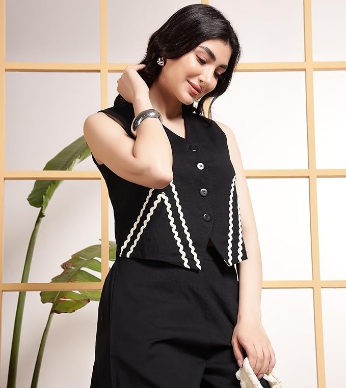 Libas Kurta Women Indo Western Waist Coat With White Zigzag Lace Trousers Co-Ords Set