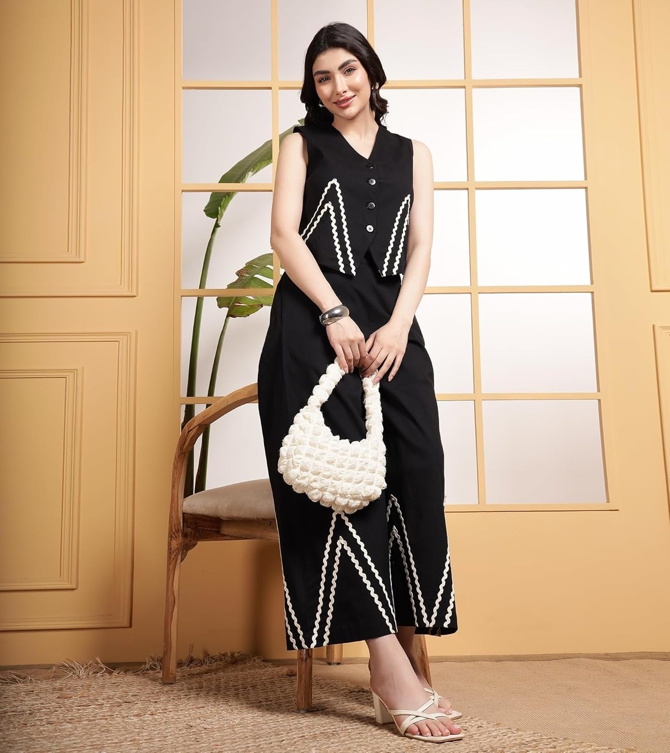 Libas Kurta Women Indo Western Waist Coat With White Zigzag Lace Trousers Co-Ords Set