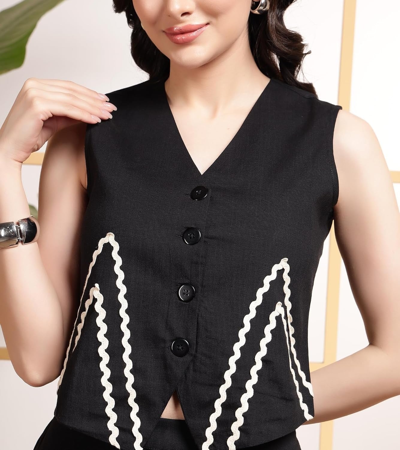 Libas Kurta Women Indo Western Waist Coat With White Zigzag Lace Trousers Co-Ords Set