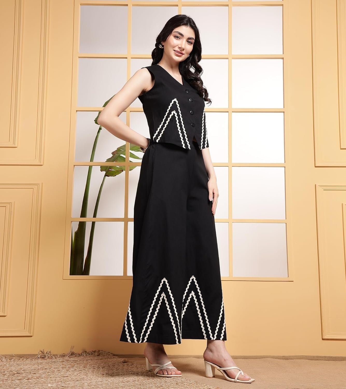 Libas Kurta Women Indo Western Waist Coat With White Zigzag Lace Trousers Co-Ords Set