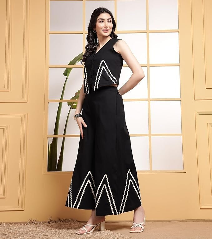 Libas Kurta Women Indo Western Waist Coat With White Zigzag Lace Trousers Co-Ords Set