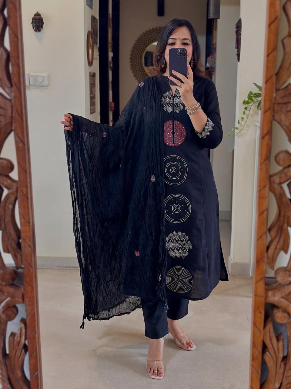 Libas Kurta Black color cotton embroidered suit set