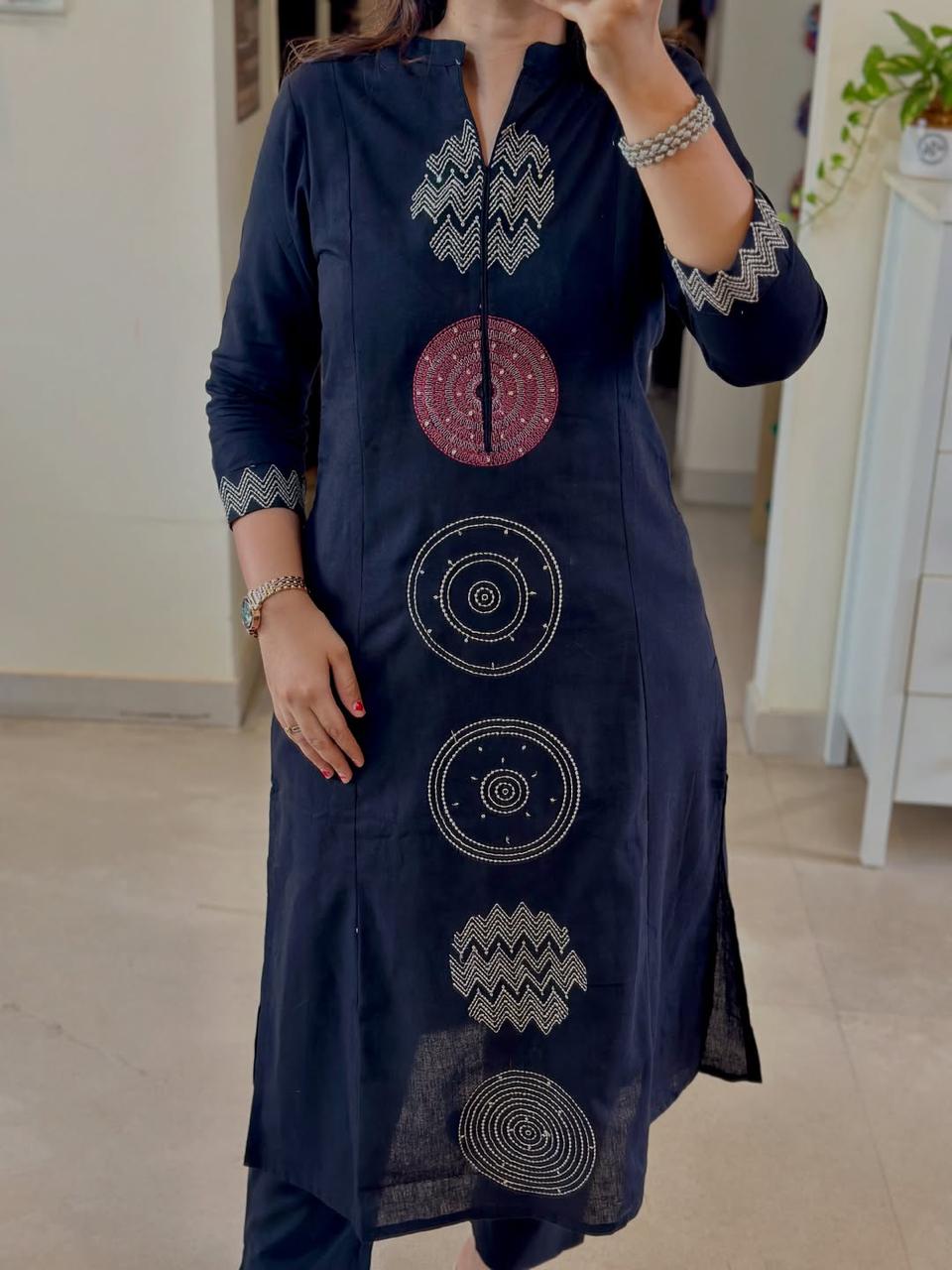 Libas Kurta Black color cotton embroidered suit set