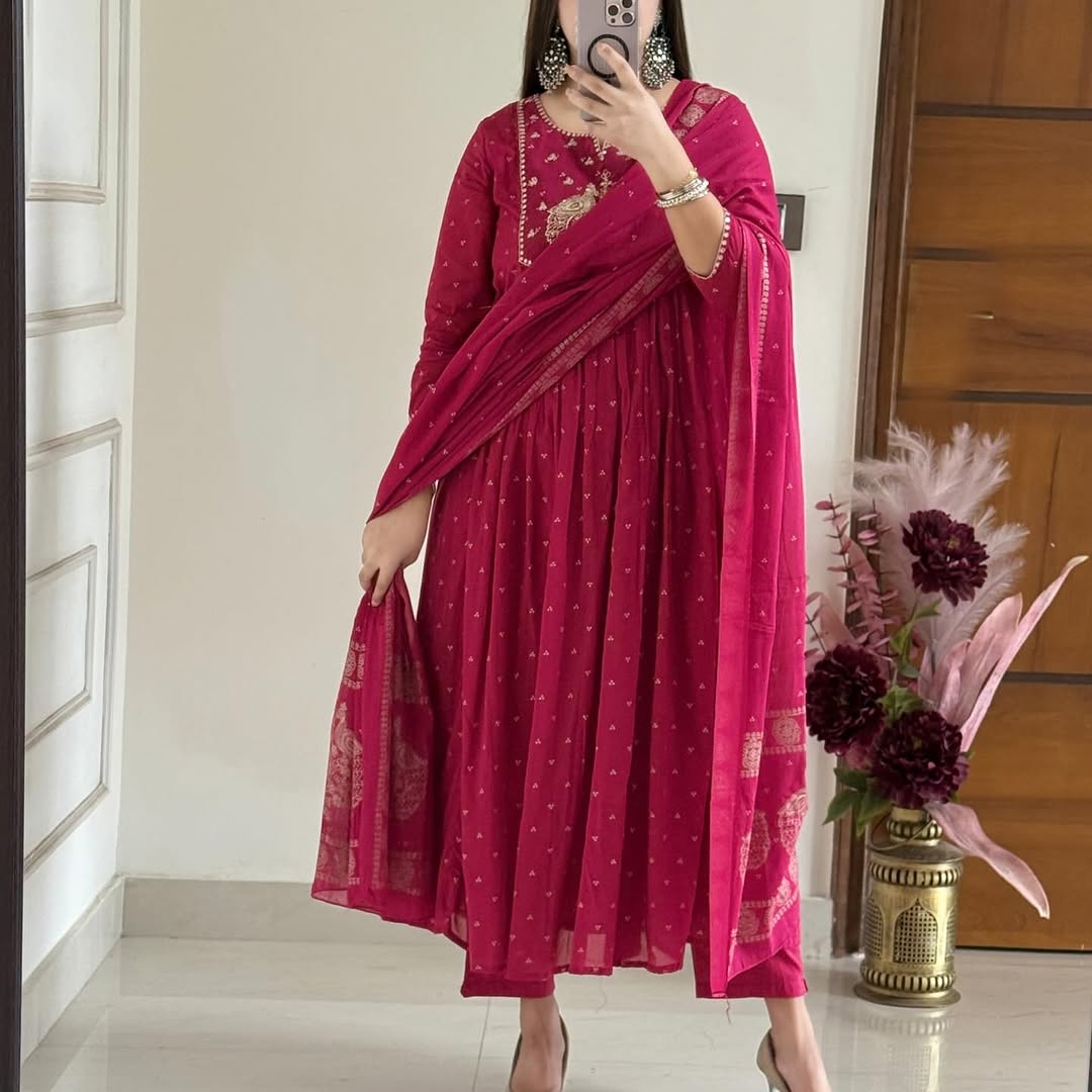 Beautiful Cotton Suit With Embroidery Work Anarkali Kurta Dupatta Set In New Colour