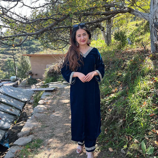 Navy Blue Velvet Lotus Co-Ord