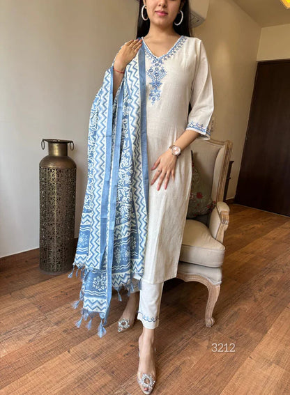 White Cotton Suit With Blue Embroidery And Printed Dupatta