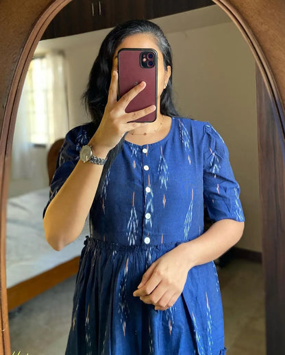 Blue Ikat Cotton Flair Middy Gown For Women