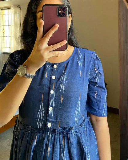 Blue Ikat Cotton Flair Middy Gown For Women