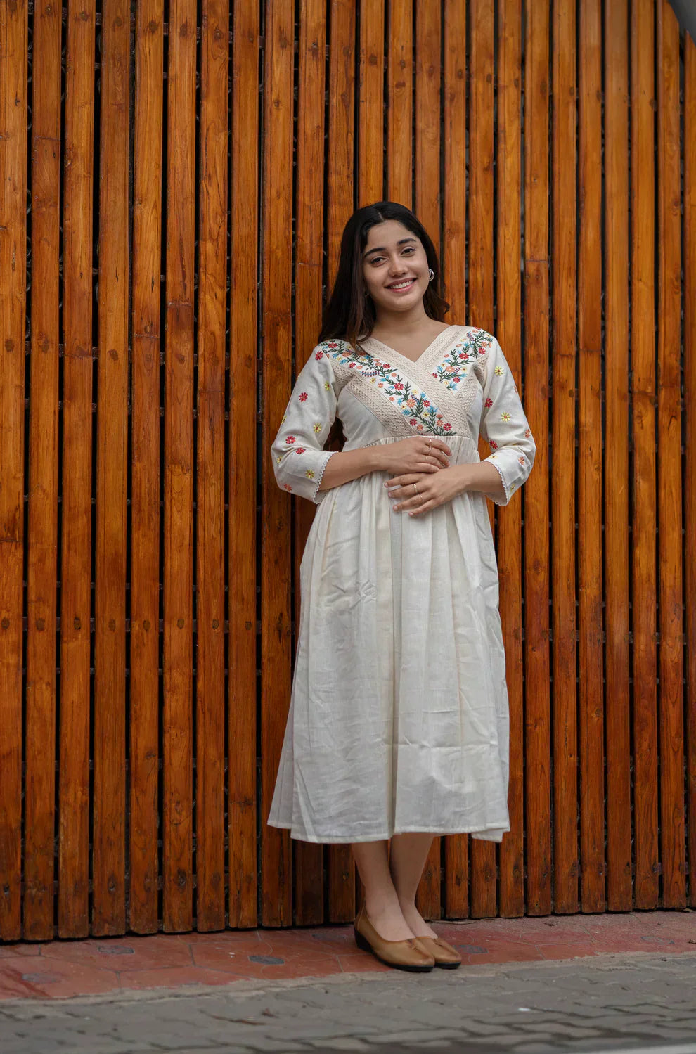 Off White Cotton Kurti/ Dress With Floral Embroidery And Crochet Lace Detailings