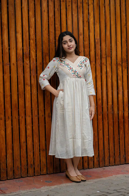 Off White Cotton Kurti/ Dress With Floral Embroidery And Crochet Lace Detailings