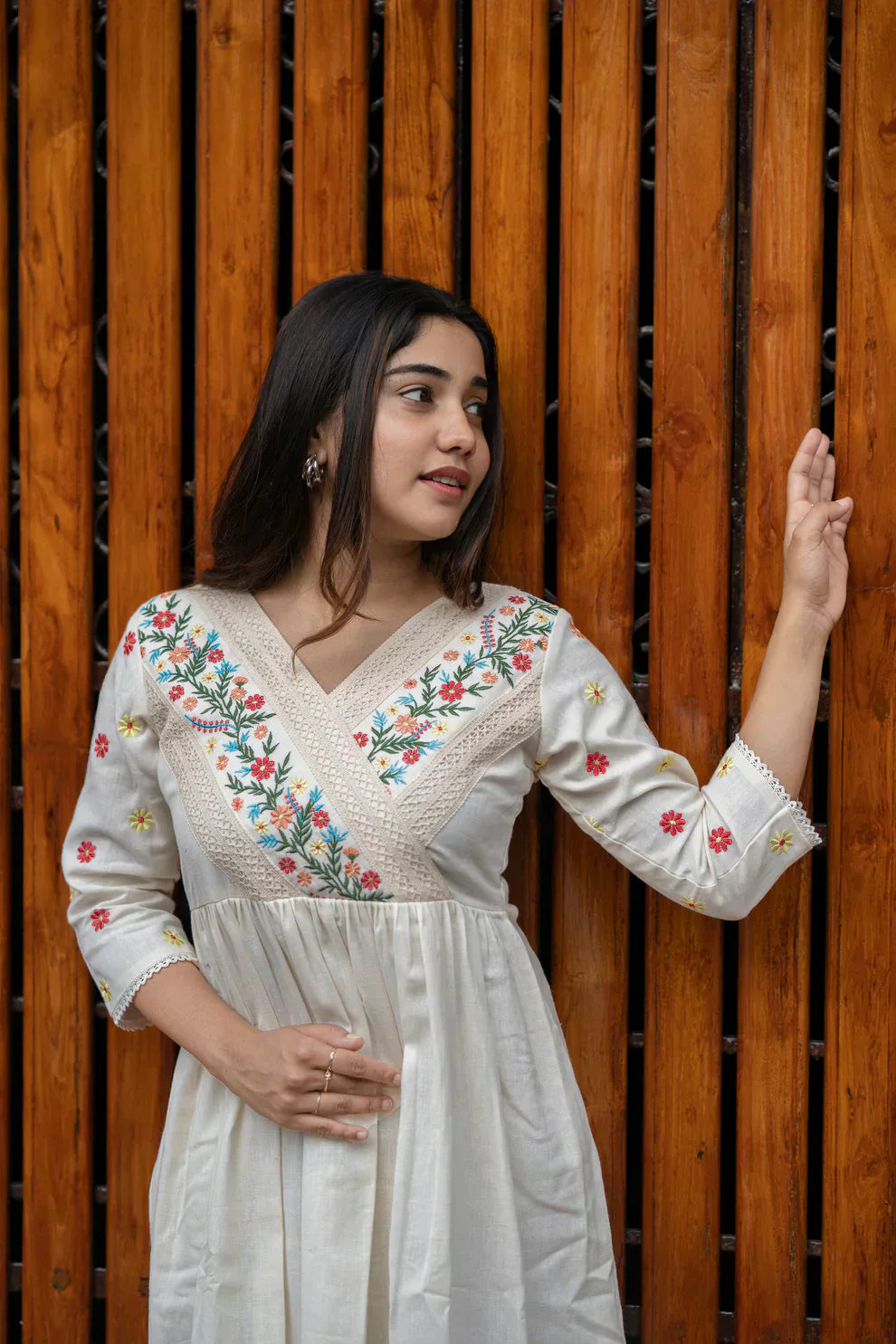 Off White Cotton Kurti/ Dress With Floral Embroidery And Crochet Lace Detailings