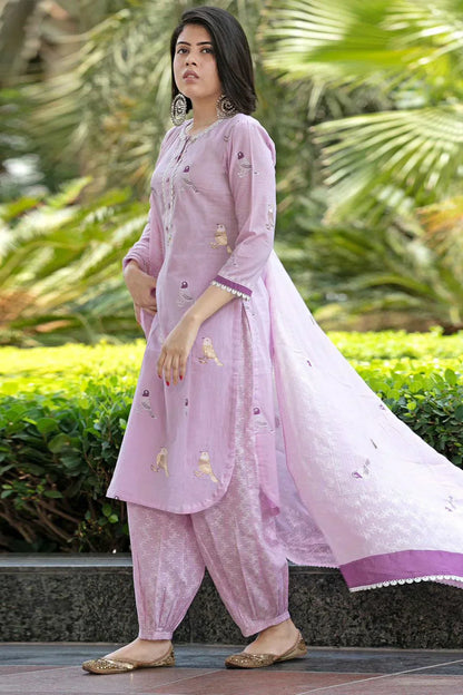 Bird Printed Cotton Kurta And Pant Set With Dupatta