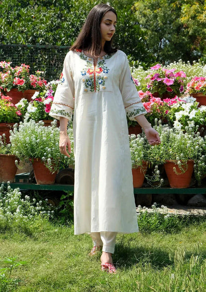 Off White Embroidered Cotton Kurta And Pant Set