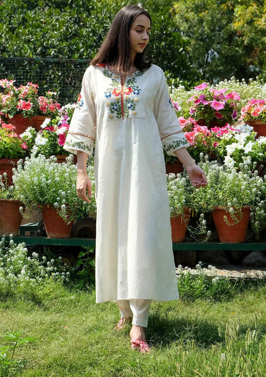 Off White Embroidered Cotton Kurta And Pant Set