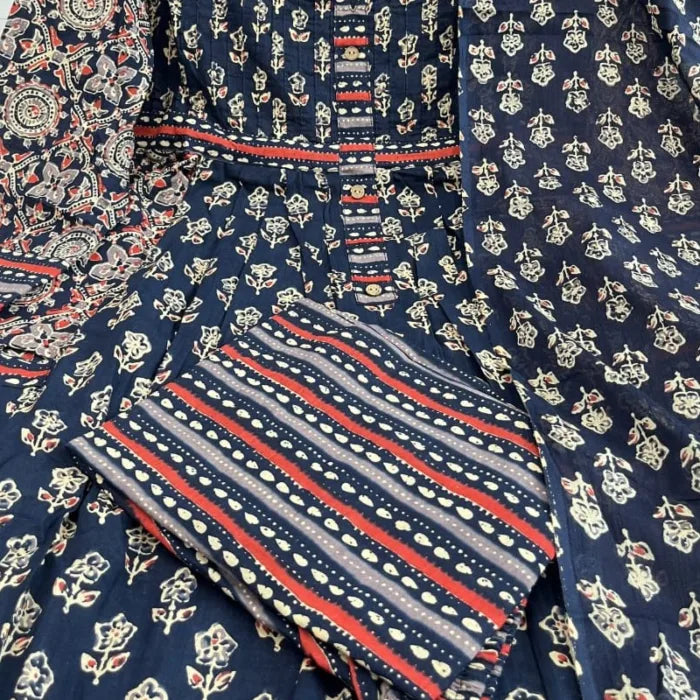 Navy Blue Traditional Block Print A-Line Kurta Set with Pockets
