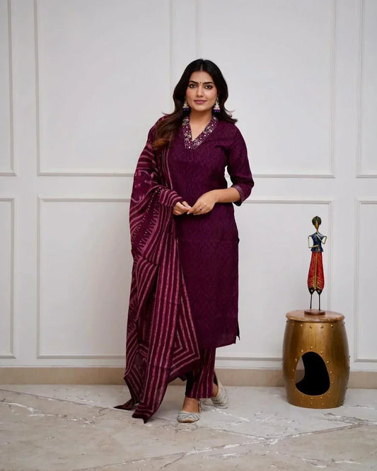 Wine Cotton Kurta With Pant & Dupatta Set For Women