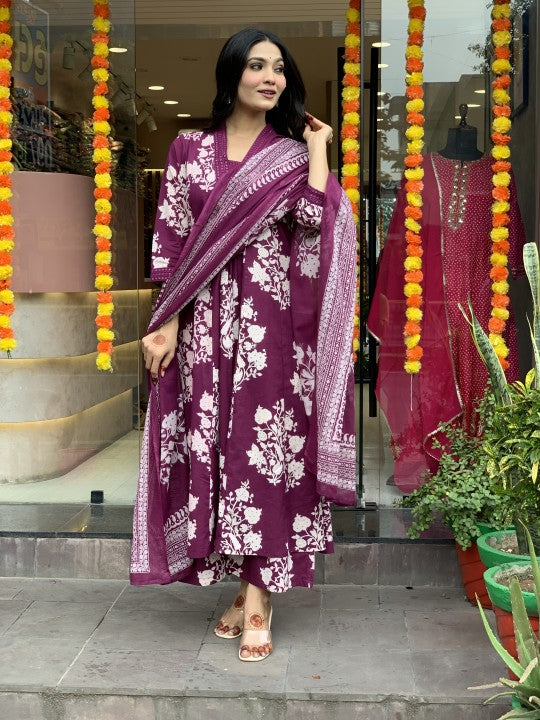 Women Cotton Wine Kurta Pant And Dupatta Set