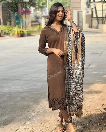 Coffee Brown Embroidered Cotton Kurti With Pant And Khaddar Silk Digital Print Dupatta