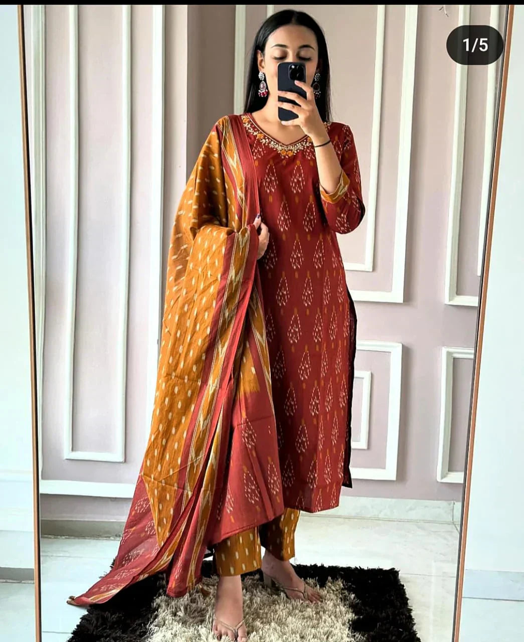 Ikkat Print With Kurti Pant & Dupatta Set For Women