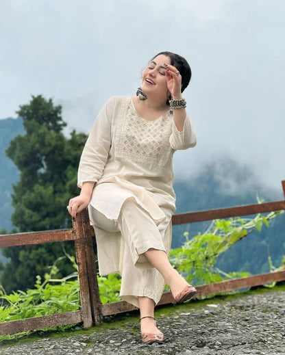 Libas Off White Embroidered Cotton Kurta And Pant Set