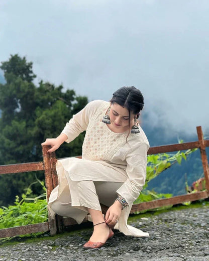 Libas Off White Embroidered Cotton Kurta And Pant Set