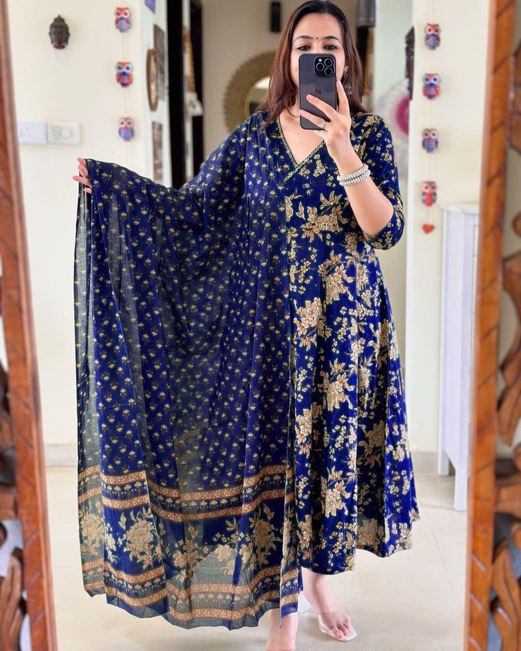 Anarkali Kurta Set With Angrakha Style For Women( Blue )