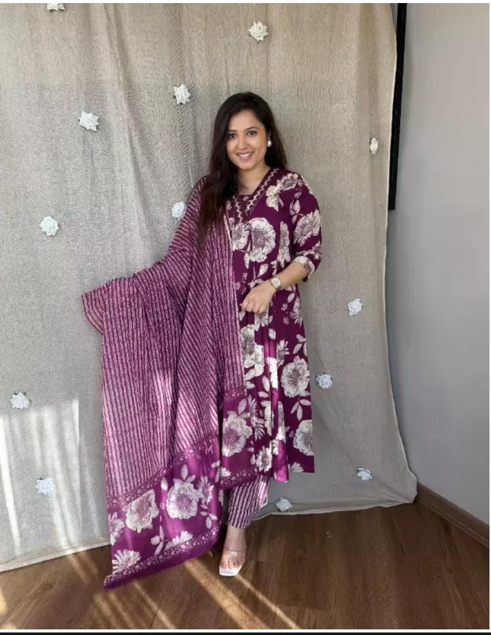 Printed Cotton Anarkali Kurti With Plazo And Mulmul Dupatta