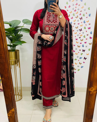 Traditional Red Kurta Set With Ajrak Dupatta