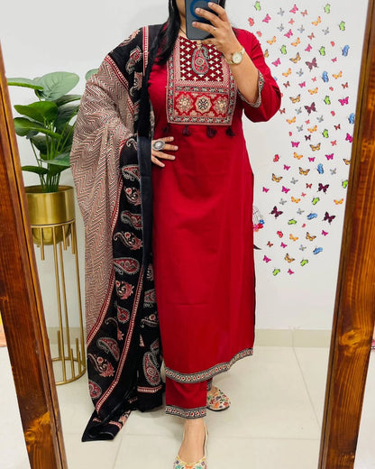 Traditional Red Kurta Set With Ajrak Dupatta