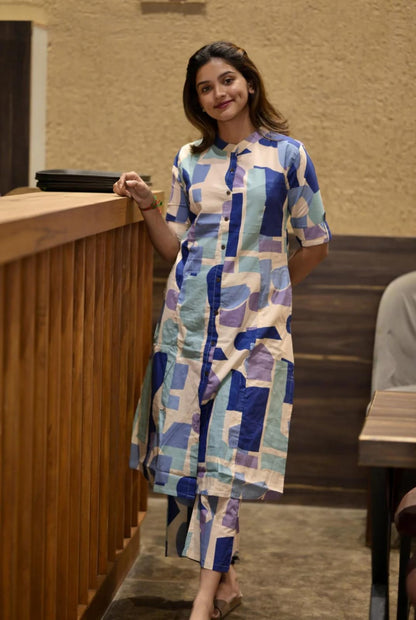 Abstract Print Cotton Kurta Set With Pants – Modern Co-Ord Style