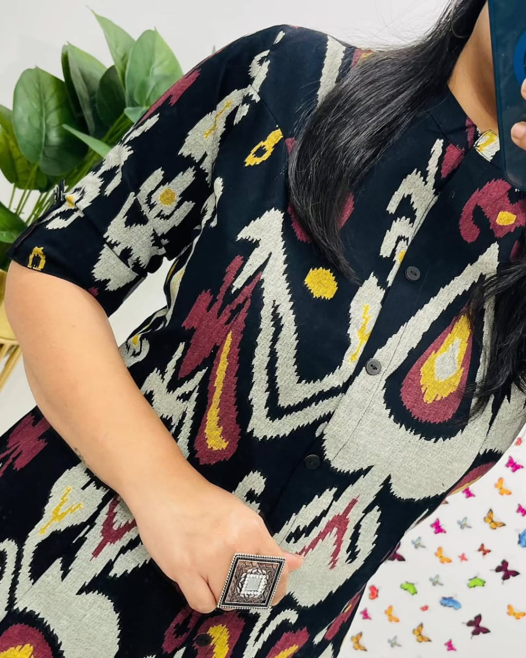 Contemporary Ikat-Printed Black Cotton Kurta Set