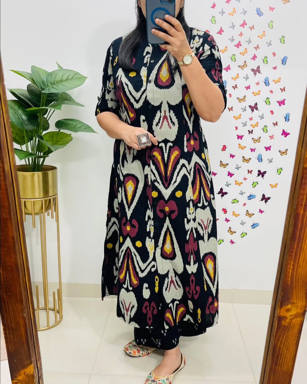 Contemporary Ikat-Printed Black Cotton Kurta Set