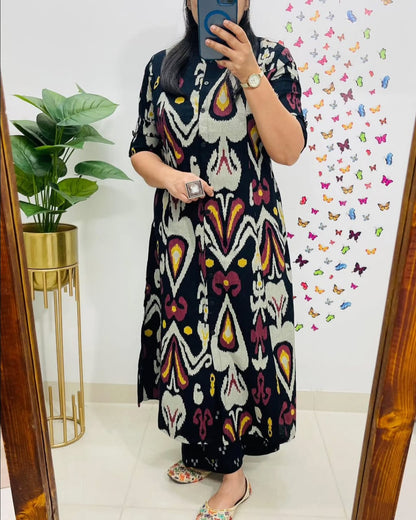 Contemporary Ikat-Printed Black Cotton Kurta Set