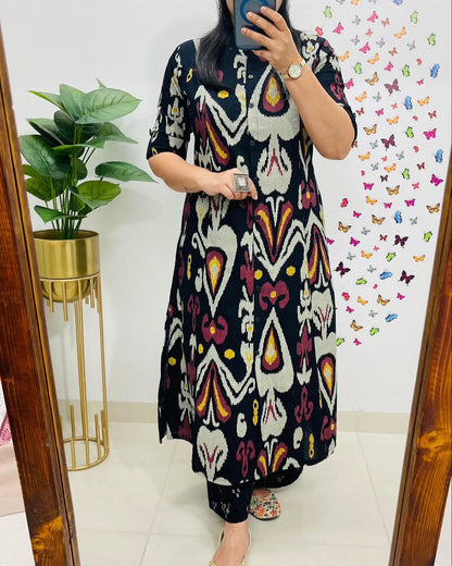 Contemporary Ikat-Printed Black Cotton Kurta Set