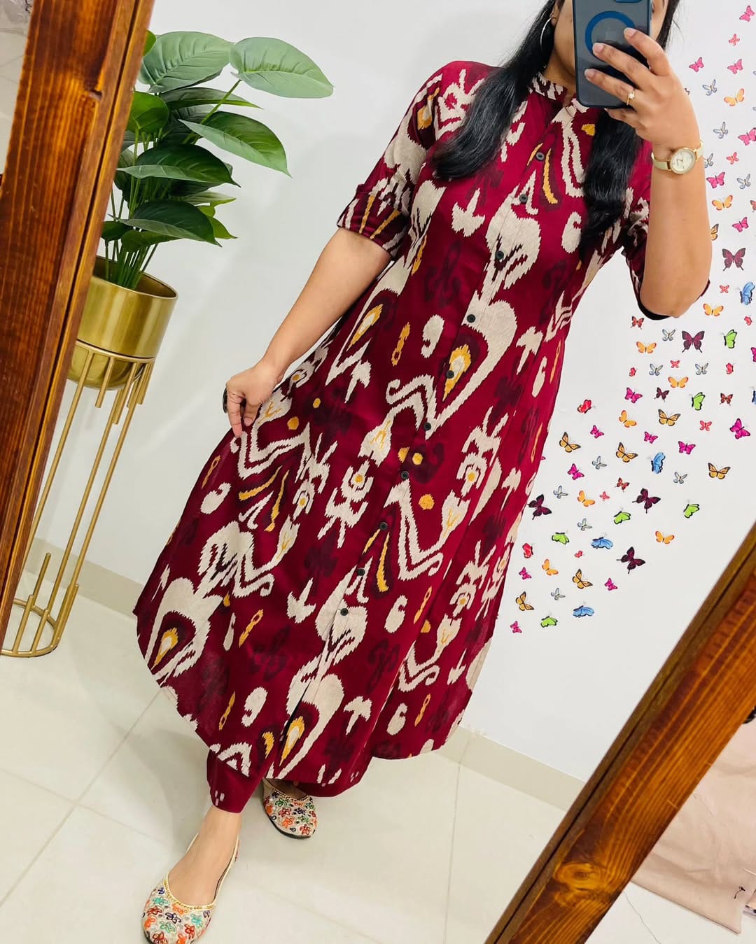 Stylish Maroon Ikat Printed Cotton Kurta Set