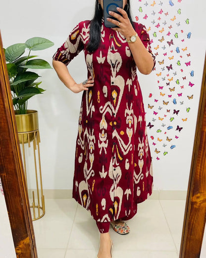 Stylish Maroon Ikat Printed Cotton Kurta Set