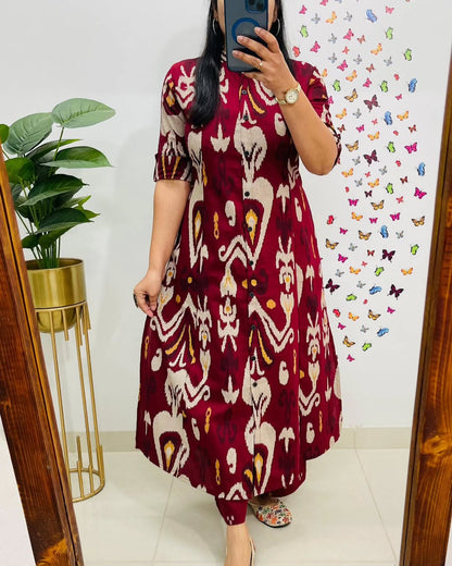 Stylish Maroon Ikat Printed Cotton Kurta Set
