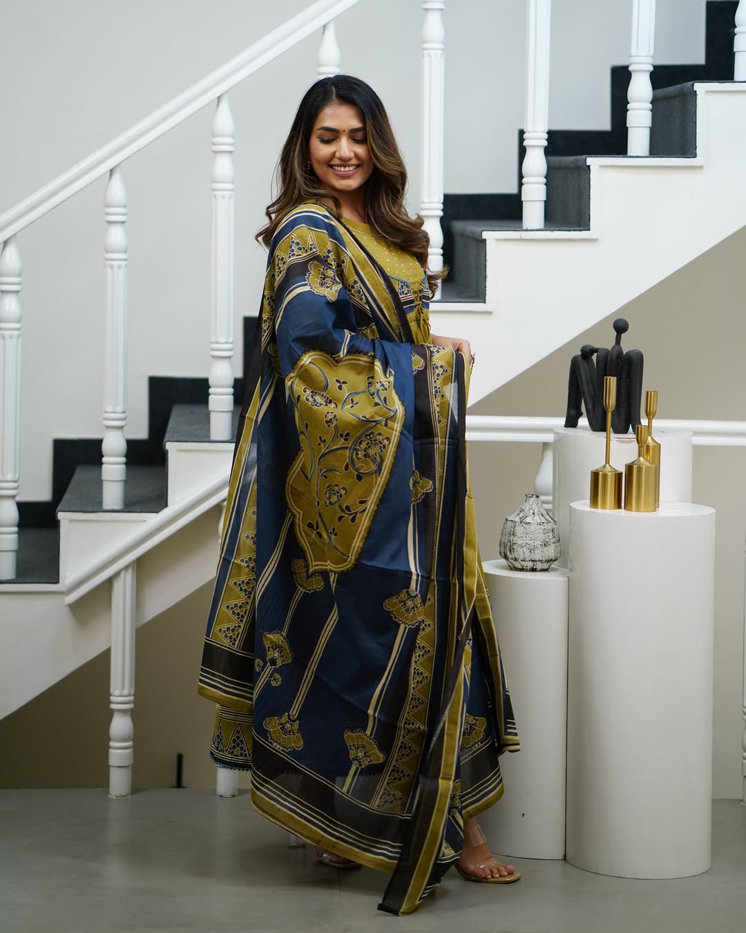 Libas Elegant Olive-Green And Navy Blue Ethnic Anarkali Suit Set