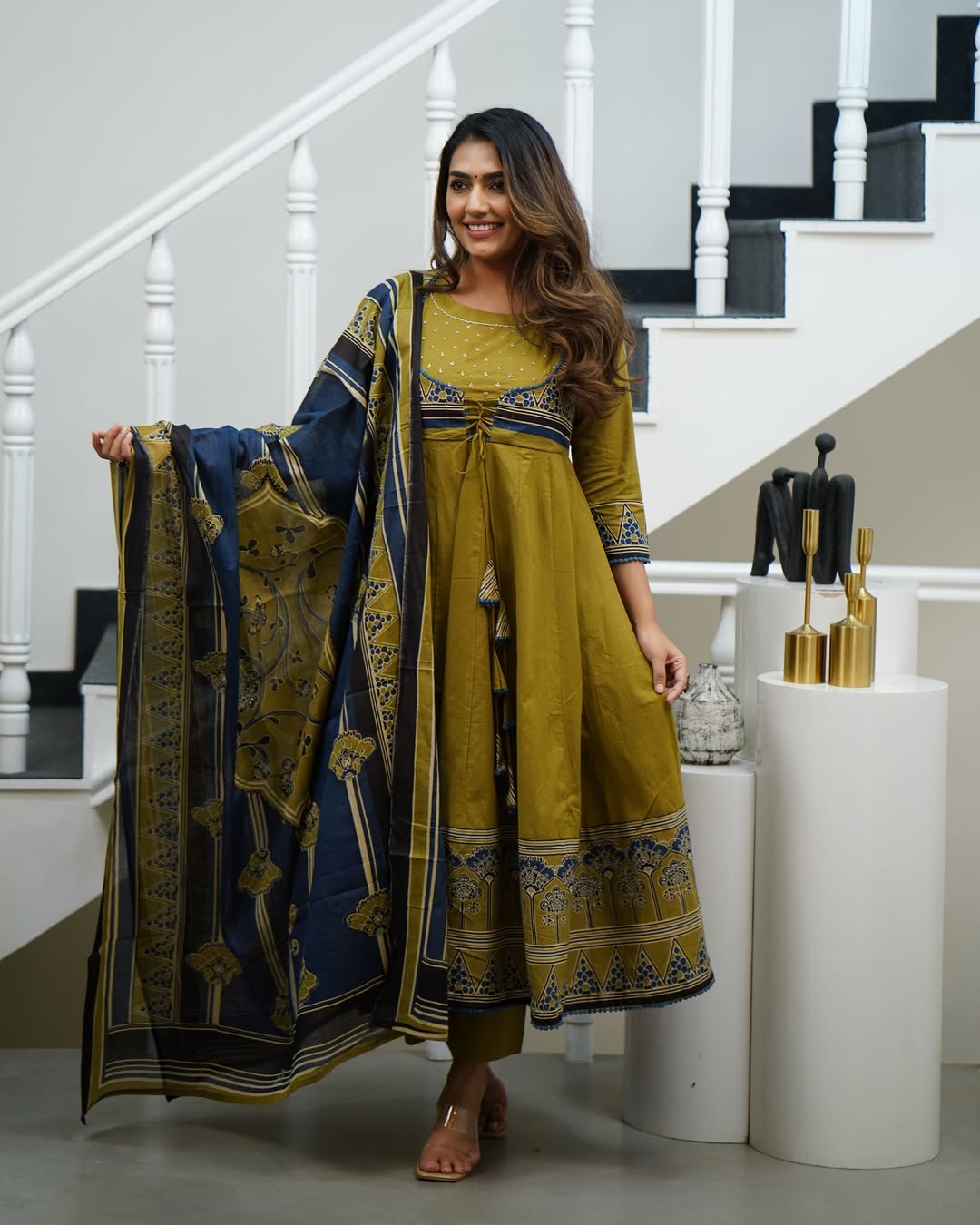 Libas Elegant Olive-Green And Navy Blue Ethnic Anarkali Suit Set