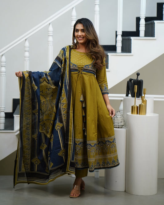 Libas Elegant Olive-Green And Navy Blue Ethnic Anarkali Suit Set