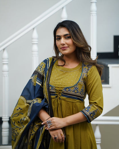 Libas Elegant Olive-Green And Navy Blue Ethnic Anarkali Suit Set