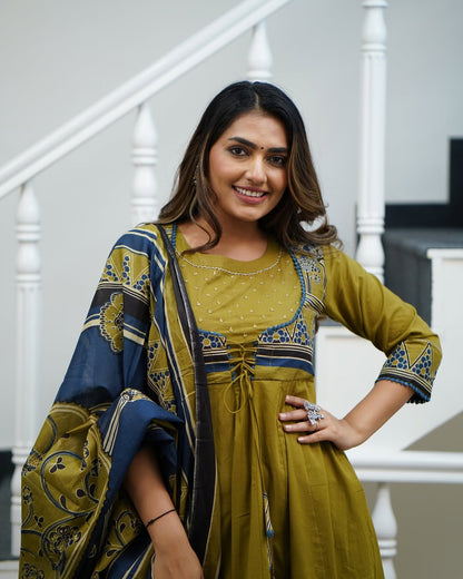 Libas Elegant Olive-Green And Navy Blue Ethnic Anarkali Suit Set